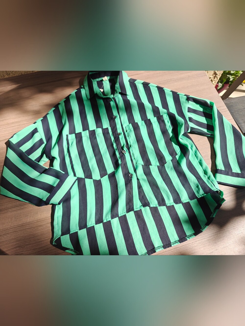 Green and Black Striped Button-Up Shirt